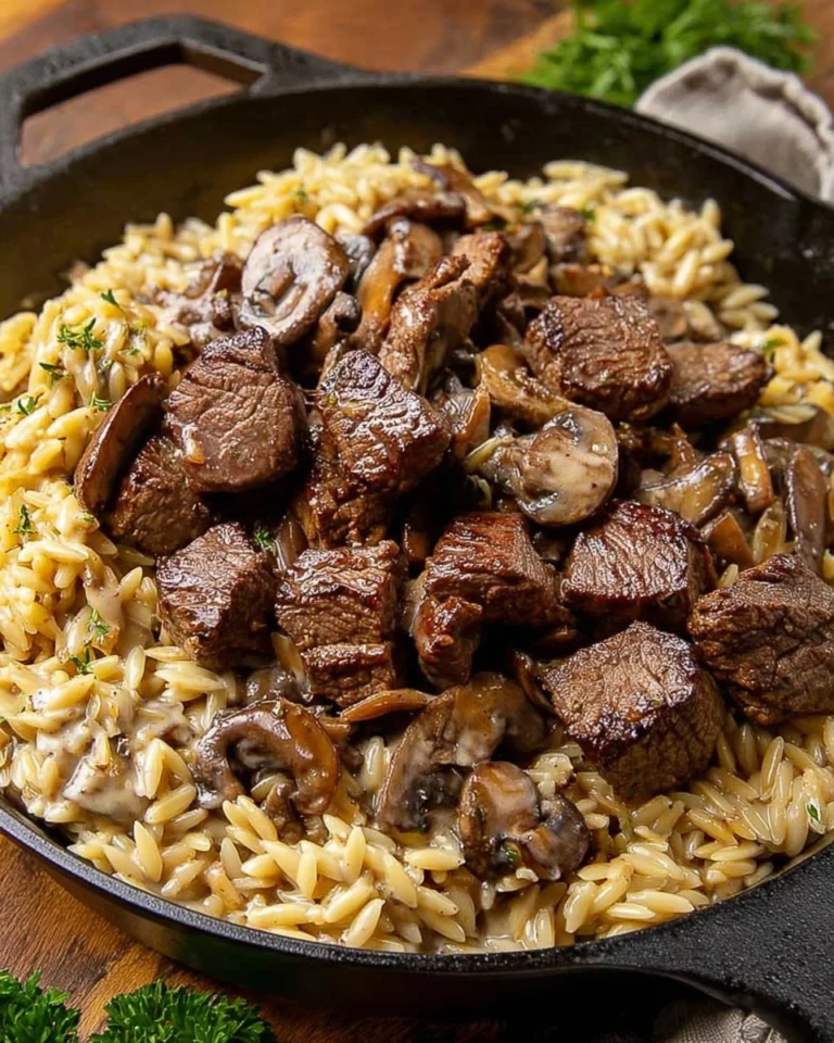 Steak-Bites-with-Creamy-Mushroom-Orzo-Recipe