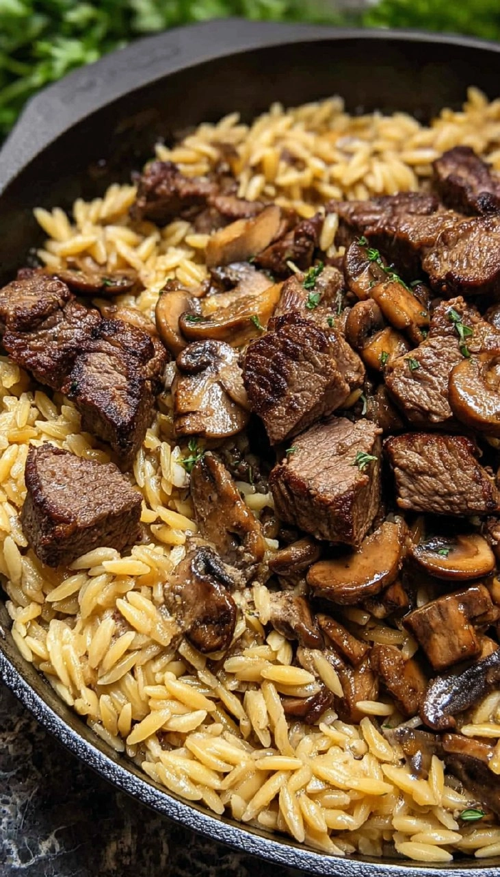 Steak Bites with Creamy Mushroom Orzo