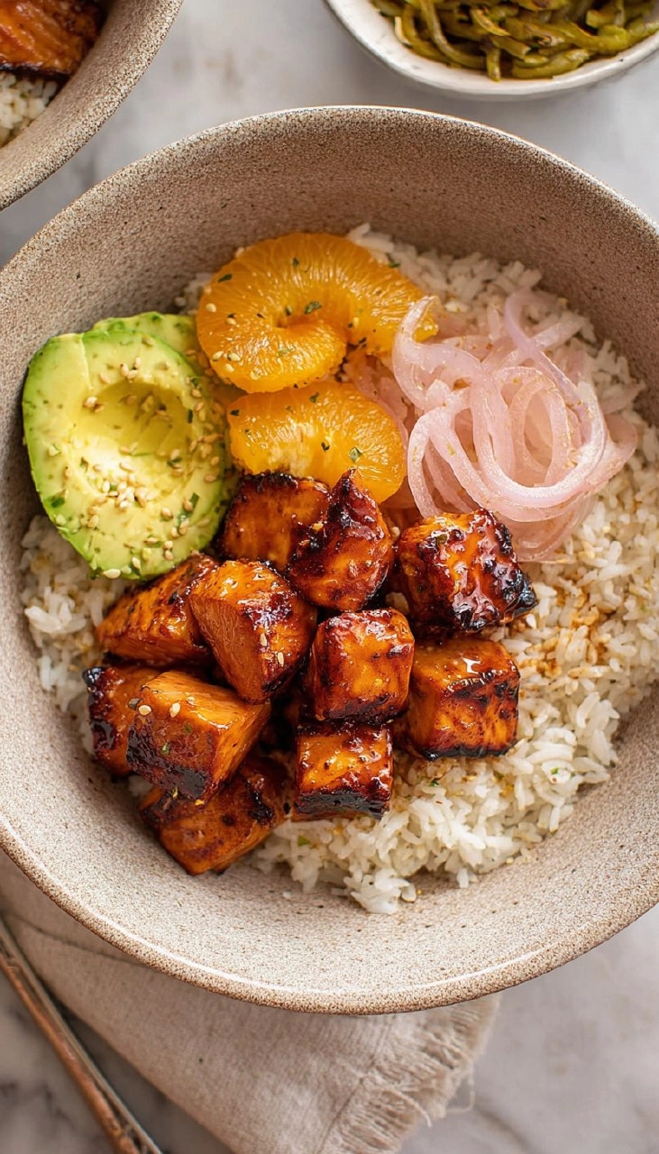 Sticky Orange Salmon Bowls. 107 Sticky Orange Salmon Bowls.