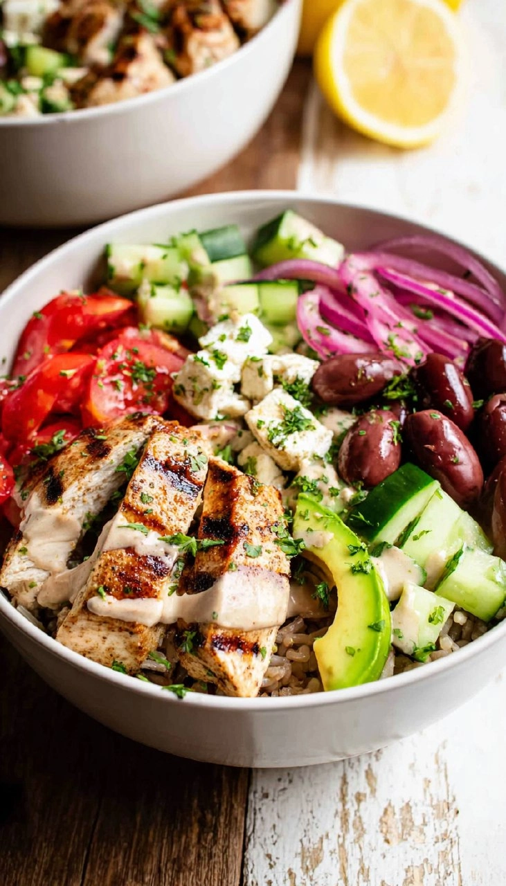 Greek Chicken Bowls with Lemon Garlic Tahini Sauce (Healthy Mediterranean Bowls)