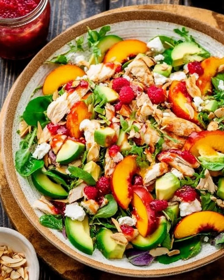 Chicken-Salad-with-Peaches-Avocado-Fresh-Raspberry-Dressing-Recipe