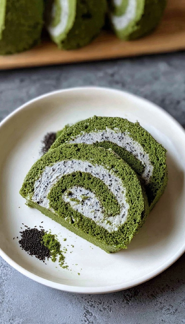 Matcha Swiss Roll Cake with Black Sesame Mousse 105 Matcha Swiss Roll Cake with Black Sesame Mousse