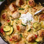 Summer-Squash-Orzo-Skillet-with-Chicken-Meatballs-Recipe