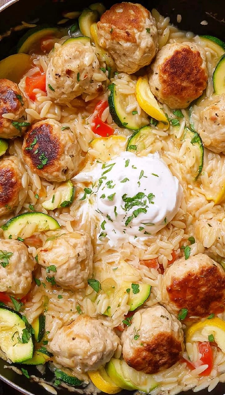 Summer Squash Orzo Skillet with Chicken Meatballs